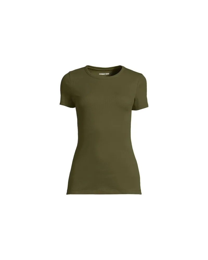 Lands' End Feinripp-Shirt mit Rundhalsausschnitt und kurzen Ärmeln, Damen, Größe regular, Grün, Baumwolle/Elasthan, by Grün