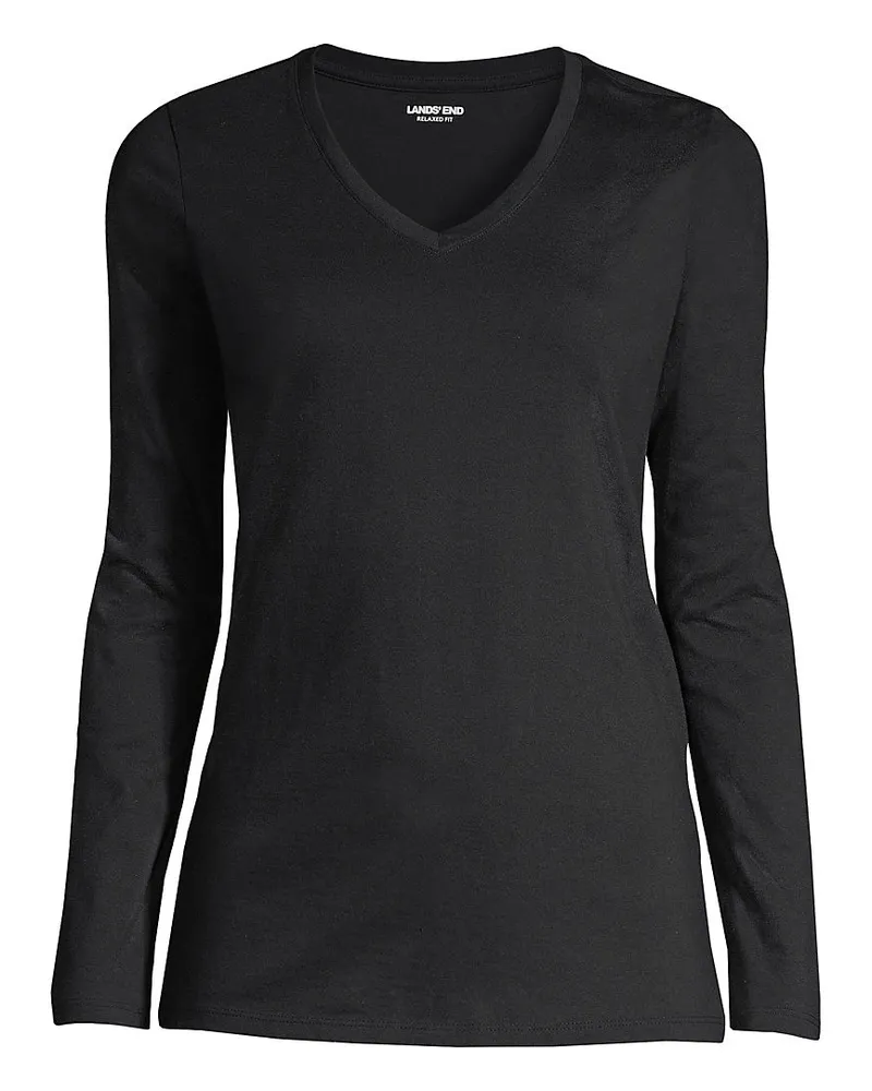 Lands' End Supima® Langarm-Shirt mit V-Ausschnitt, Damen, Größe plus, Schwarz, Baumwolle, by Schwarz