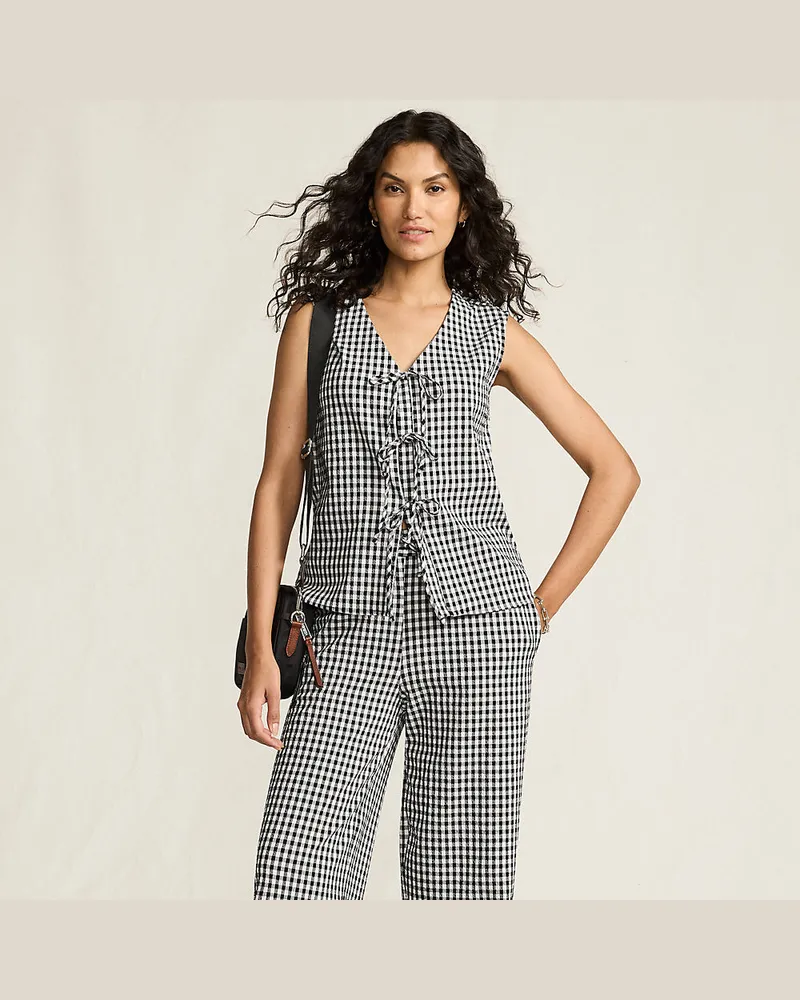 Lands' End Ärmelloses Gingham-Top mit Schnürung, Damen, Größe:34 regular, Schwarz, Baumwolle/Polyester/Baumwoll-Mischung, by Schwarz