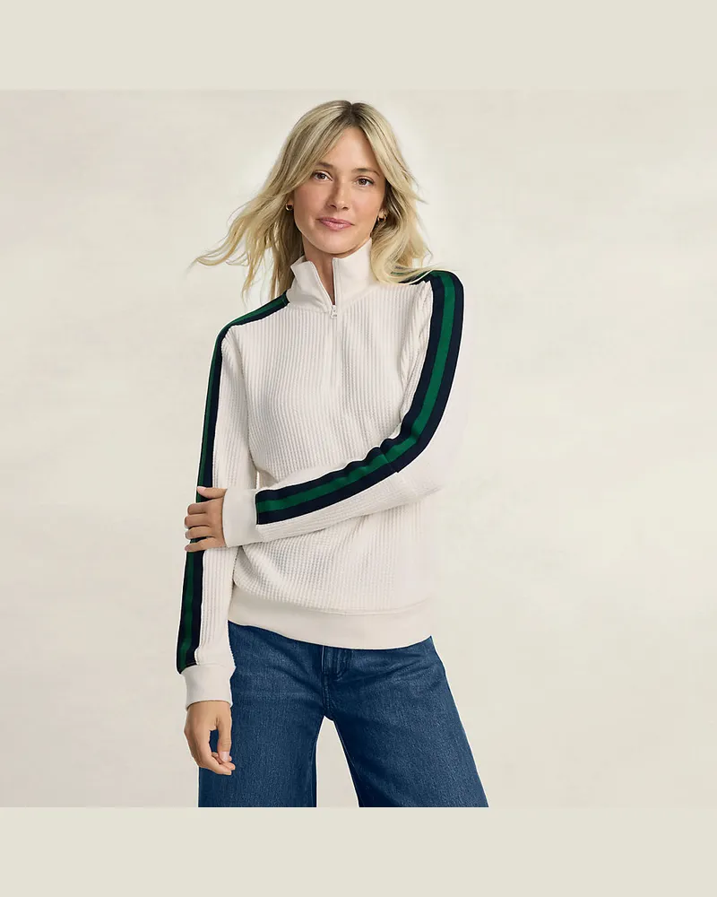 Lands' End Waffelstrick-Pullover mit Zierstreifen und Reißverschluss, Damen, Größe regular, Weiß, Elasthan/Baumwoll-Mischung/Polyester-Mischung, by Weiß