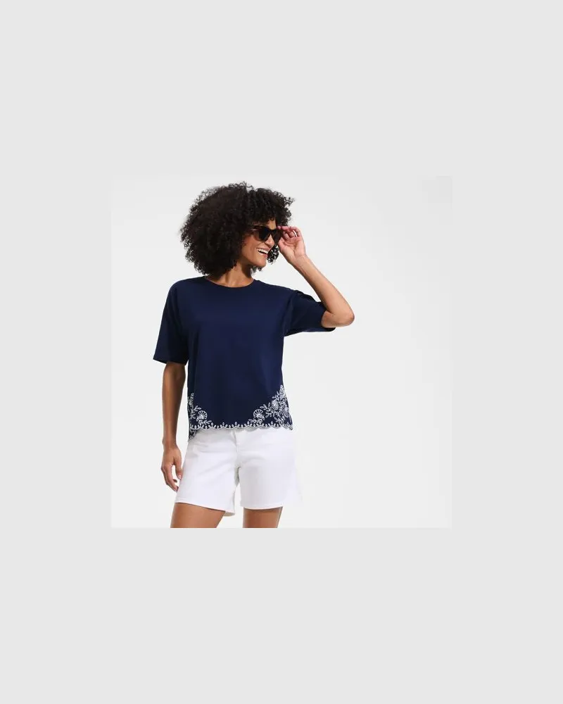 Lands' End Flammgarn-Shirt mit Saumstickerei, Damen, Größe petite, Blau, Baumwolle, by Blau