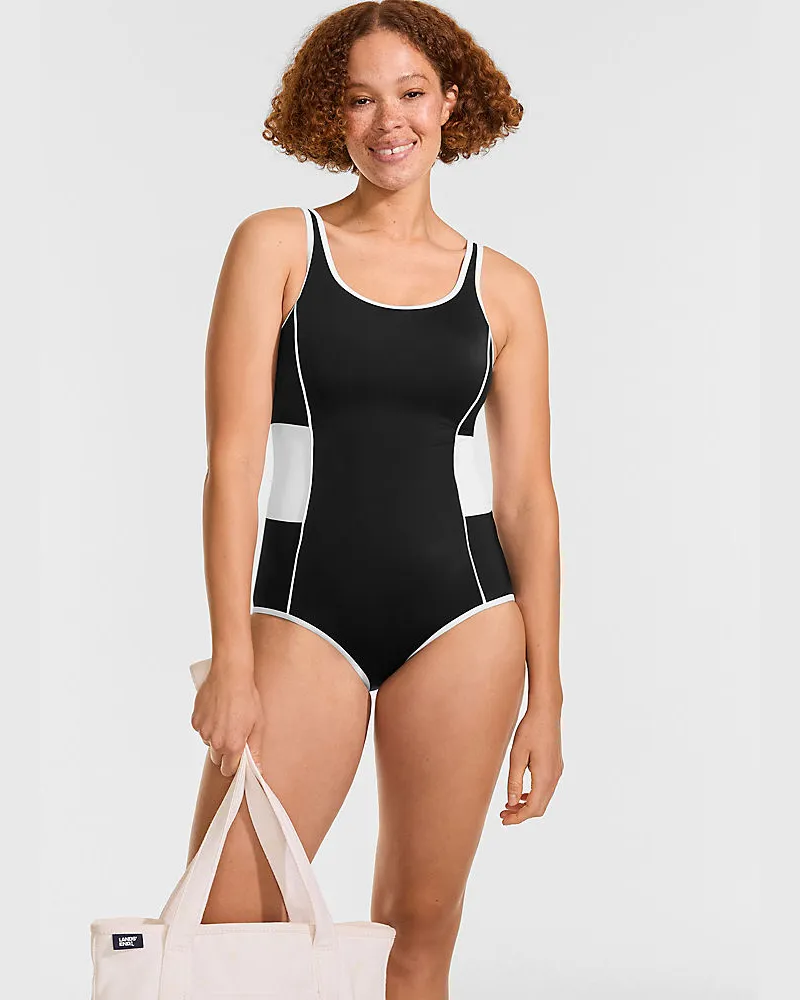 Lands' End Colorblock Komfort-Badeanzug CHLORRESISTENT mit Soft Cups, Damen, Größe regular, Schwarz, Polyester-Mischung, by Schwarz