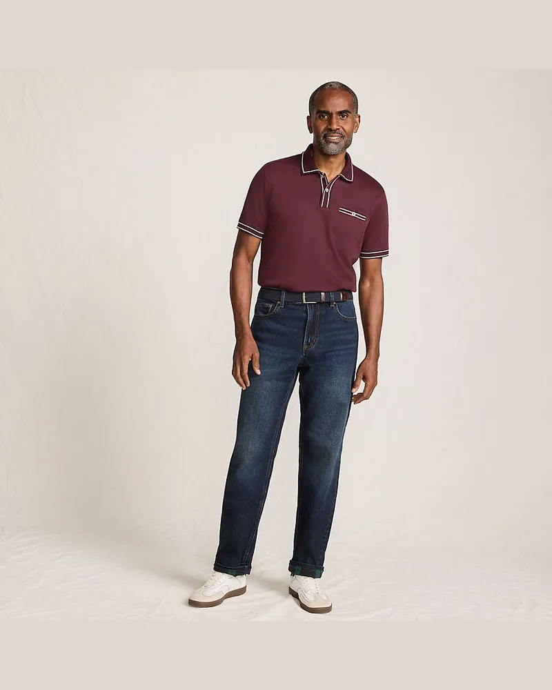 Lands' End Stretch-Denim Jeans mit Komfortbund und Flanellfutter, Classic Fit, Herren, Größe regular, Blau, Baumwoll-Mischung, by Blau