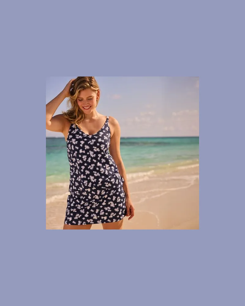 Lands' End Gemustertes Tankinitop mit Tulpensaum chlorresistent, Damen, Größe:32-34 regular, Blau, Nylon-Mischung, by Blau