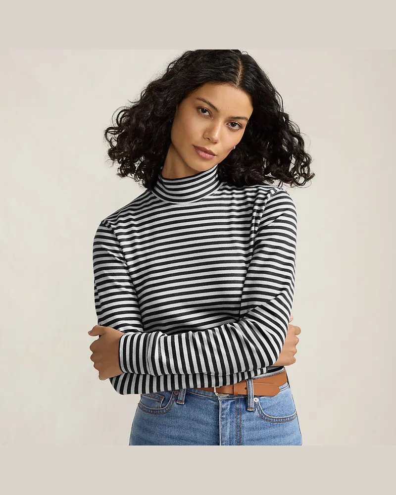 Lands' End Stehkragen-Shirt, Damen, Größe petite, Schwarz, Baumwolle, by Schwarz