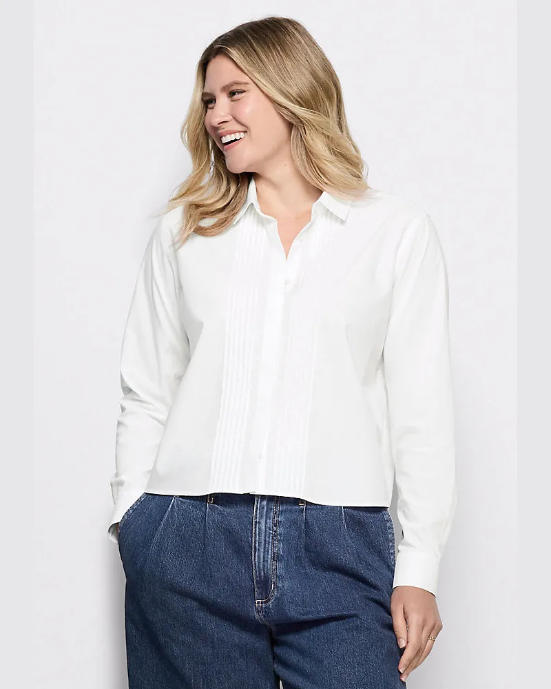 Lands' End Kurze bügelfreie Hemdbluse mit Biesen, Damen, Größe regular, Weiß, Baumwolle, by Weiß