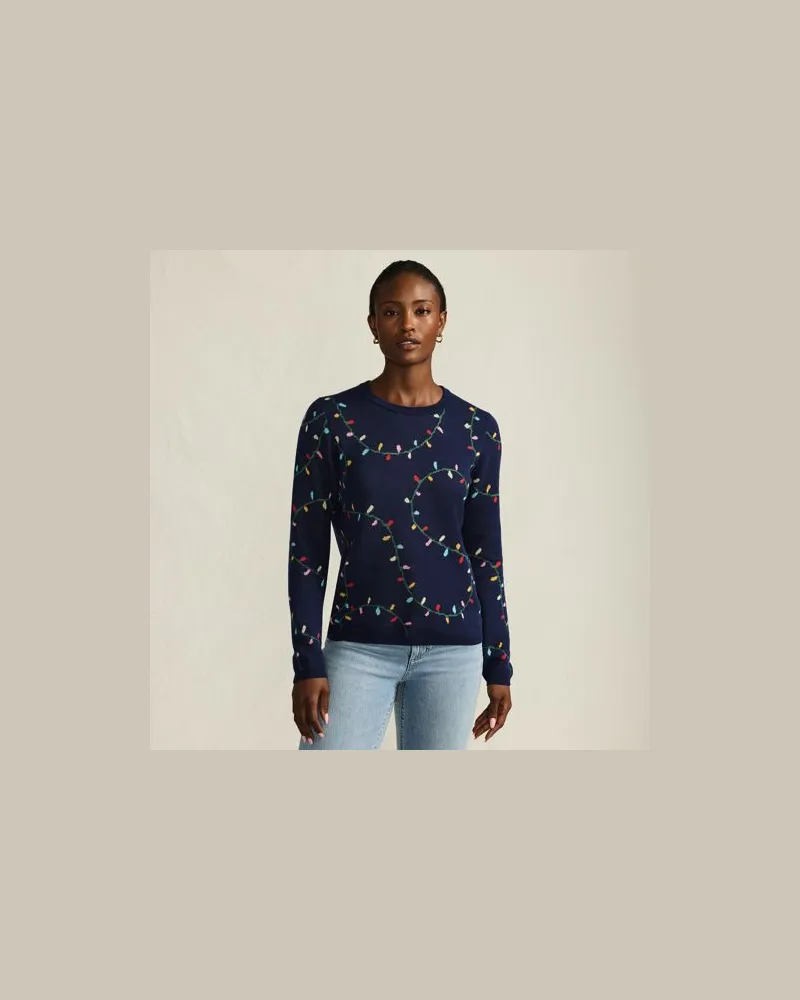 Lands' End Feinstrick-Weihnachtspullover Lichterkette, Damen, Größe:44-46 regular, Blau, Baumwolle, by Blau