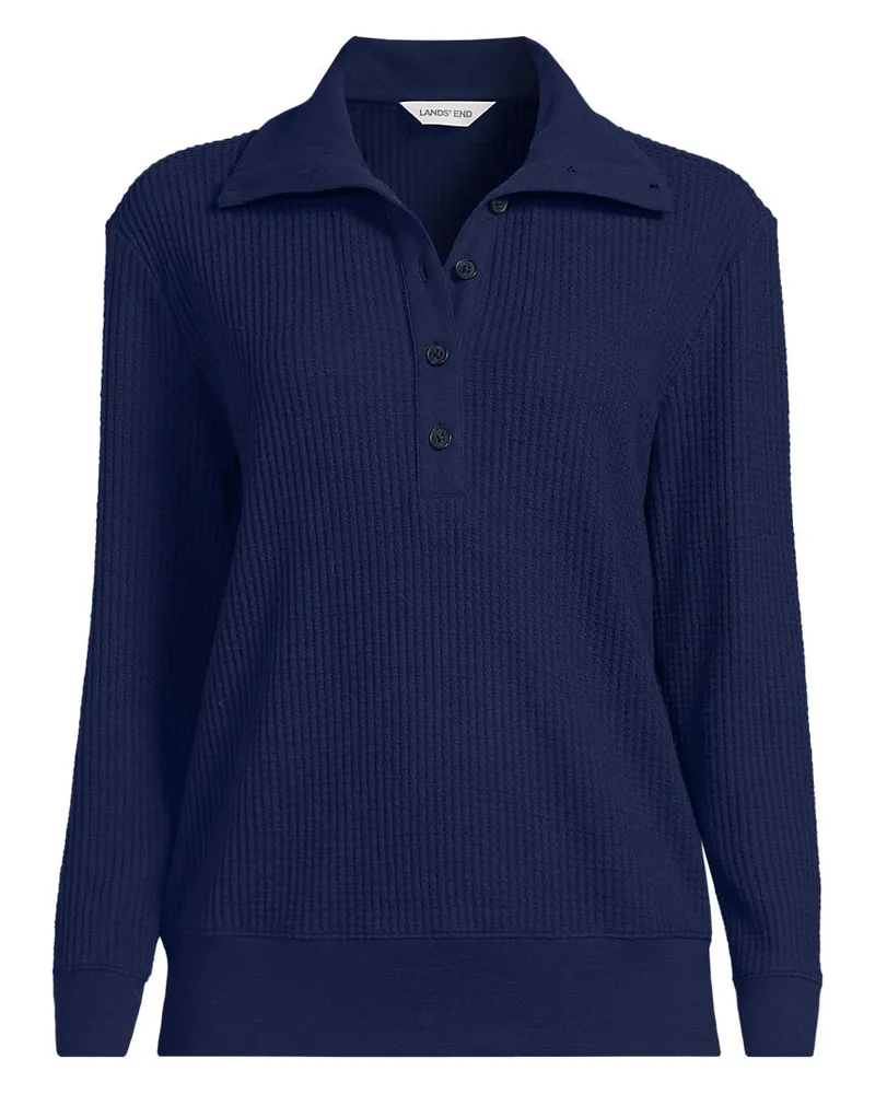 Lands' End Waffelstrick-Pullover mit geknöpftem Kragen, Damen, Größe petite, Blau, Baumwoll-Mischung/Polyester-Mischung, by Blau
