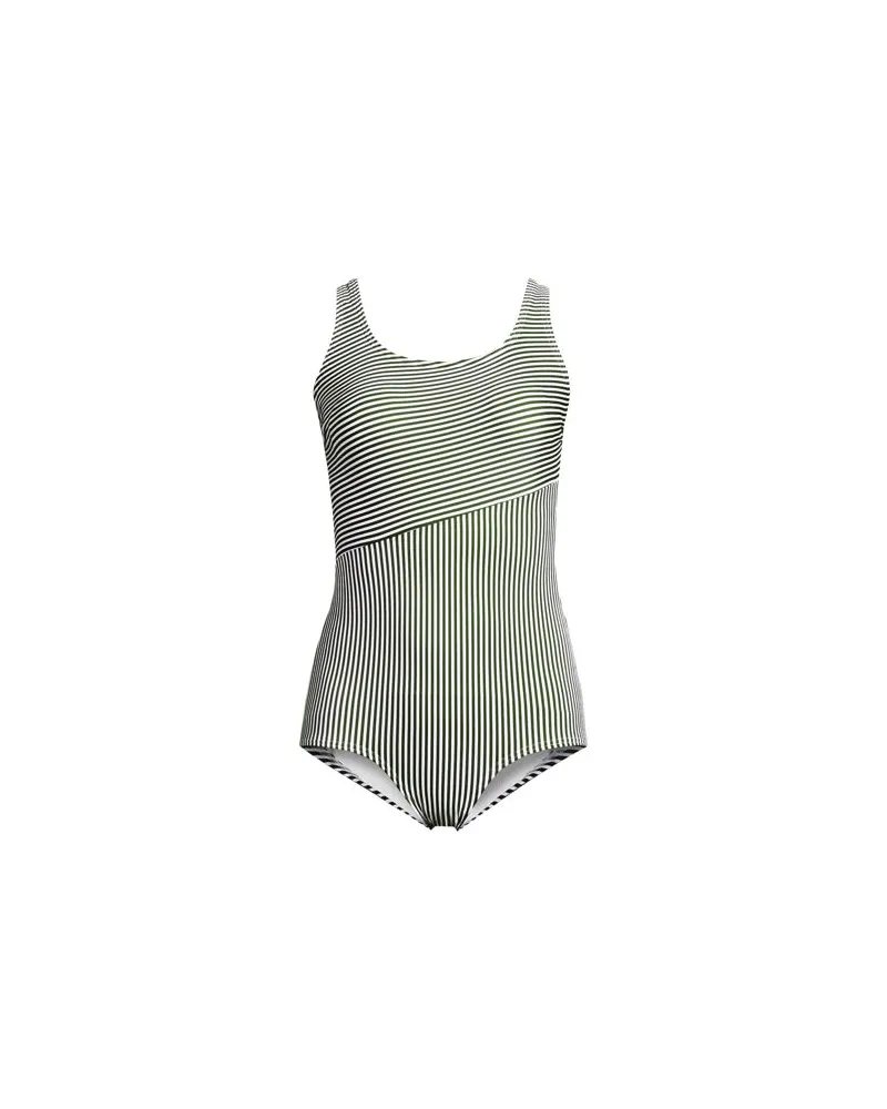Lands' End Komfort-Badeanzug CHLORRESISTENT mit Soft Cups und Colorblock-Streifen in Lang-Größe, Damen, Größe regular, Grün, Nylon-Mischung, by Grün