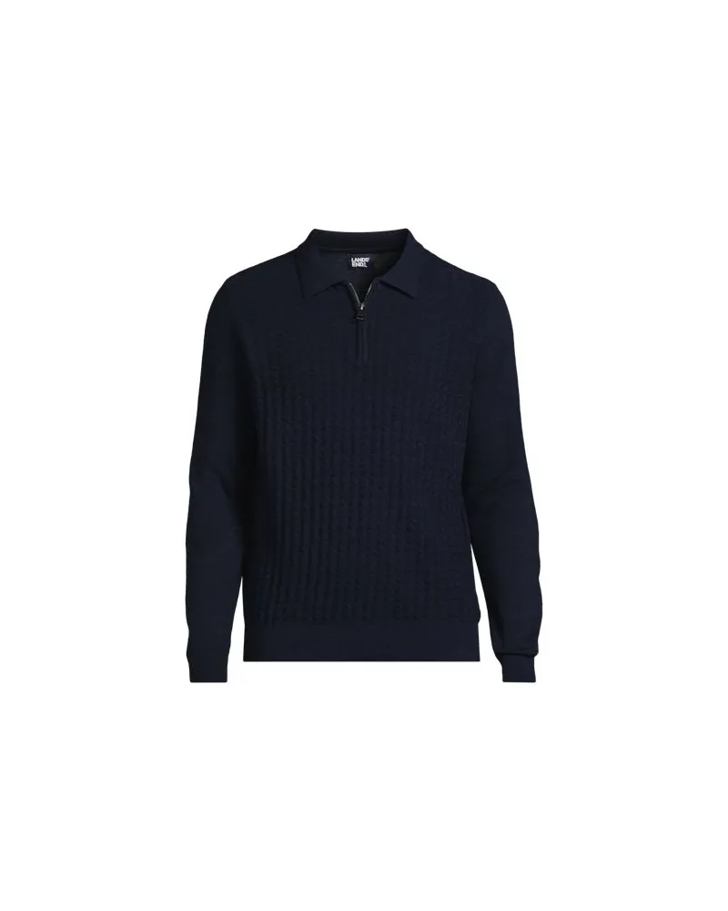 Lands' End Feinstrick-Pullover mit Polokragen und Reißverschluss, Herren, Größe:52-54 regular, Blau, Baumwolle, by Blau