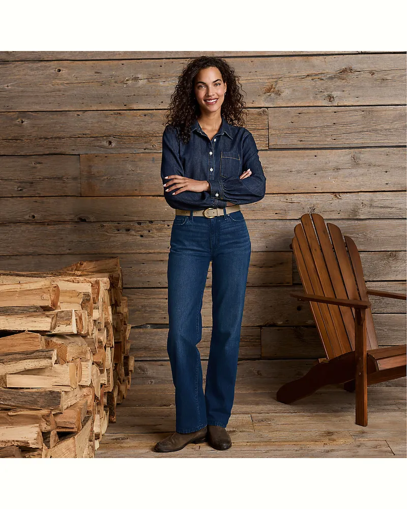 Lands' End Soft Denim Relaxte Straight Fit Jeans Mid Waist, Damen, Größe petite, Blau, Elasthan/Baumwoll-Mischung, by Blau