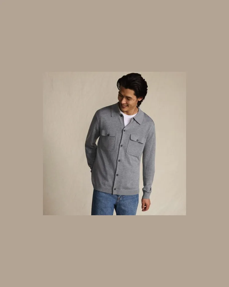 Lands' End Jersey-Sweaterjacke mit Brusttaschen, Herren, Größe:52-54 regular, Grau, Wolle/Polyester/Polyacryl, by Grau