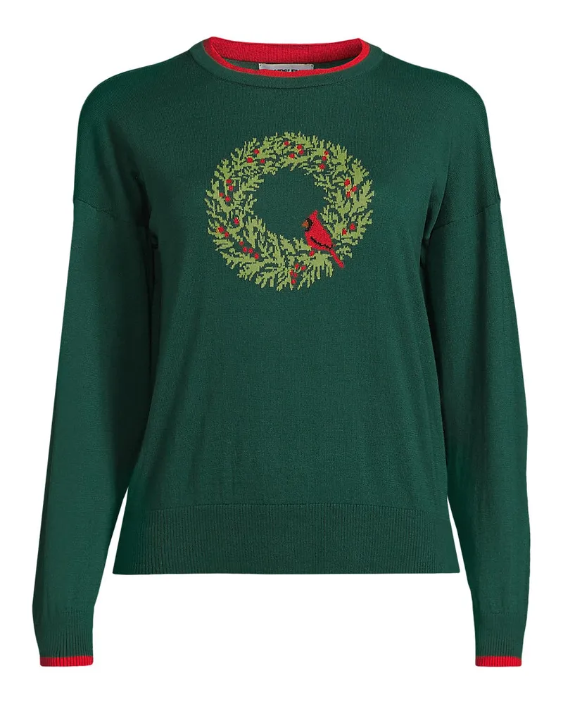 Lands' End Feinstrick-Baumwollpullover Jacquard mit unterlegtem Ausschnitt, Damen, Größe regular, Grün, Viskose-Mischung/Polyester-Mischung, by Grün