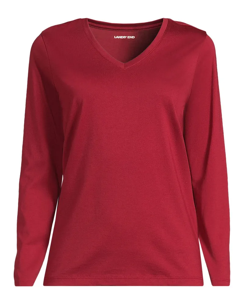 Lands' End Supima® Langarm-Shirt mit V-Ausschnitt, Damen, Größe petite, Rot, Baumwolle, by Rot