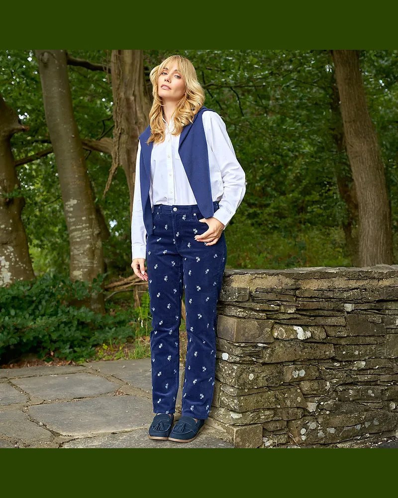 Lands' End Bestickte Straight Fit Feincord-Hose, Damen, Größe petite, Blau, Elasthan/Baumwoll-Mischung, by Blau
