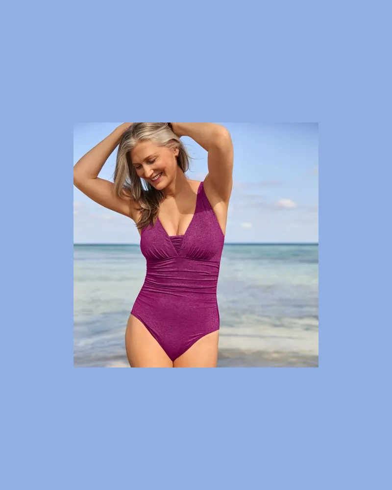 Lands' End Glitzer-Shape-Badeanzug mit V-Ausschnitt SLENDER, Damen, Größe regular, Lila, Elasthan/Polyester-Mischung/Nylon-Mischung, by Lila