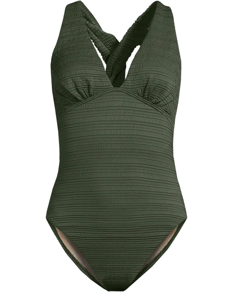 Lands' End Seersucker-Badeanzug mit V-Ausschnitt und extrahohem Bein, Damen, Größe regular, Grün, Nylon-Mischung, by Grün