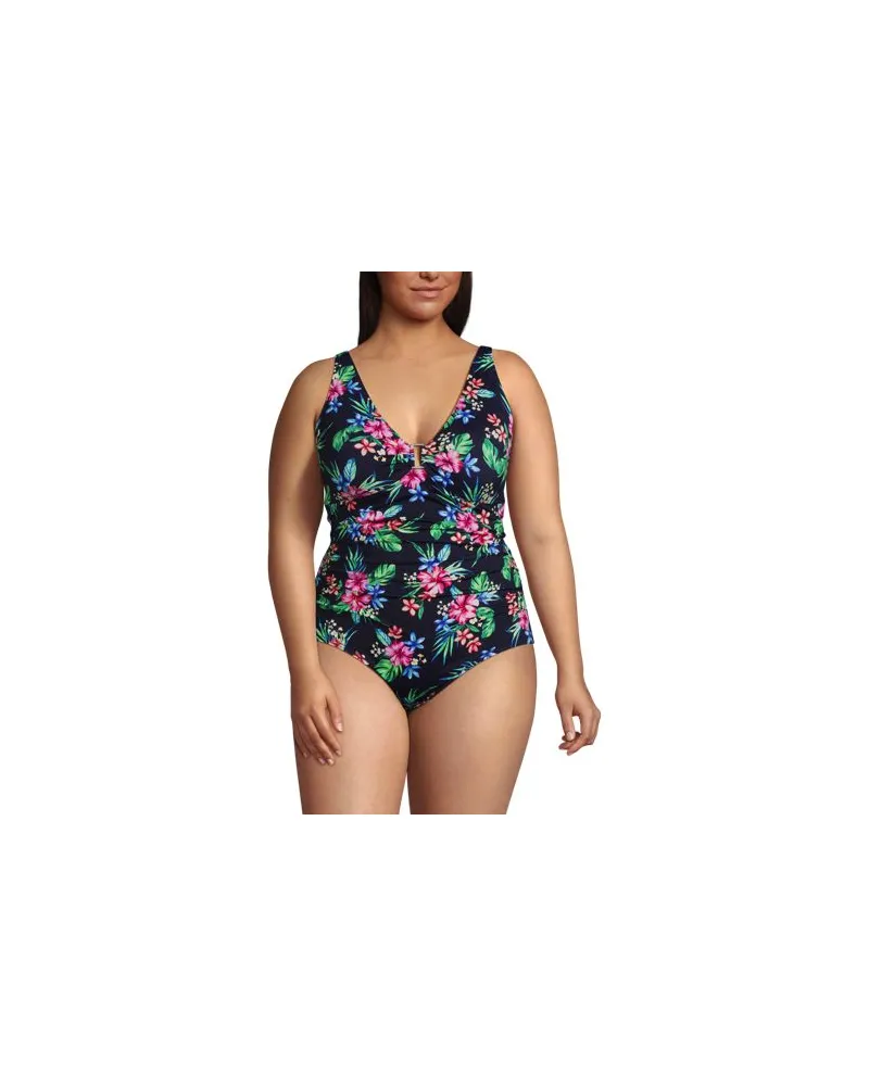 Lands' End Badeanzug mit Ringdetail und V-Ausschnitt, Damen, Größe plus, Blau, Nylon-Mischung, by Blau