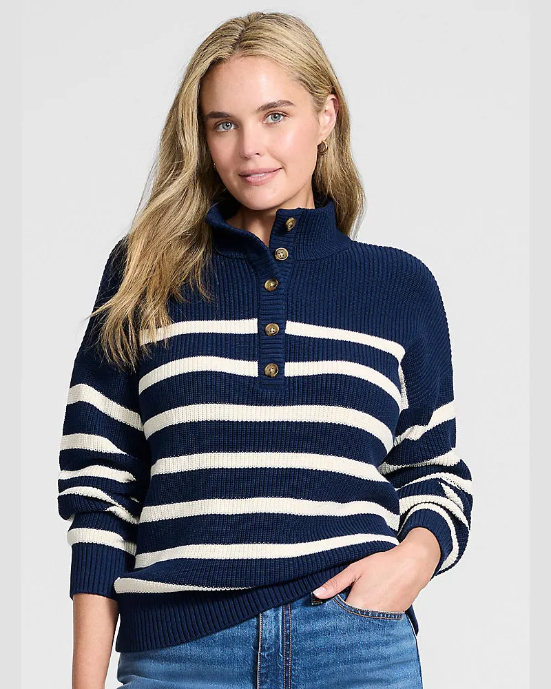 Lands' End Henley-Pullover Drifter mit Knopfreihe, Damen, Größe regular, Blau, Baumwolle, by Blau