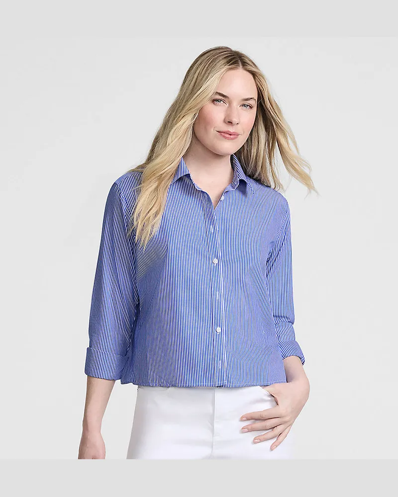 Lands' End Kurze, bügelfreie Hemdbluse, Damen, Größe petite, Blau, Baumwolle, by Blau