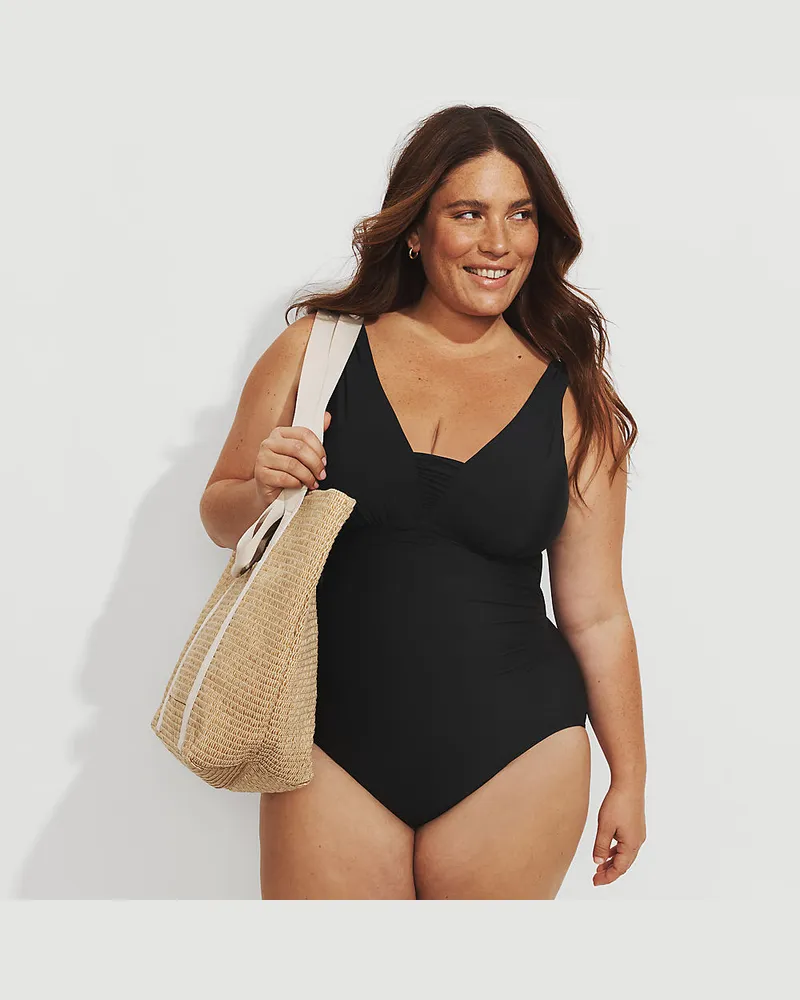 Lands' End Shape-Badeanzug mit V-Ausschnitt SLENDER - F-Cup, Damen, Größe regular, Schwarz, Elasthan/Nylon-Mischung, by Schwarz