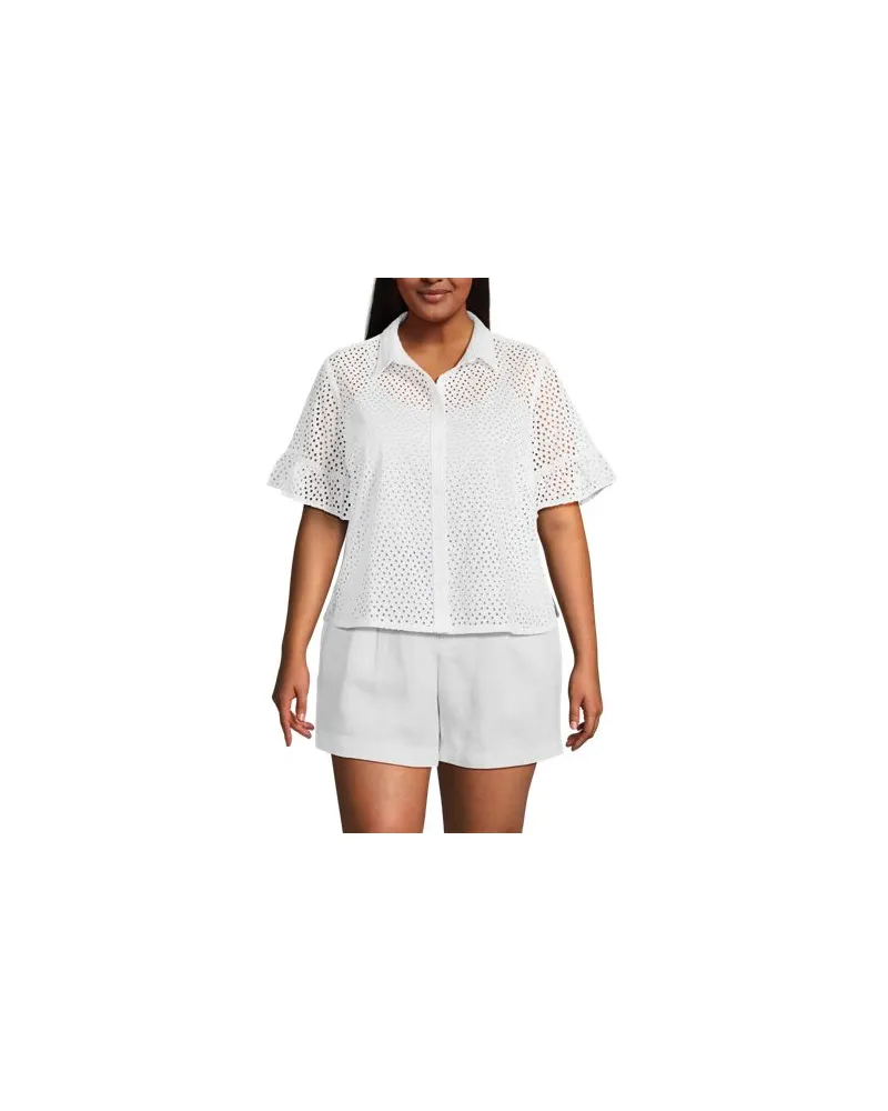 Lands' End Lochmuster-Bluse mit Rüschenärmeln, Damen, Größe plus, Weiß, Baumwolle, by Weiß