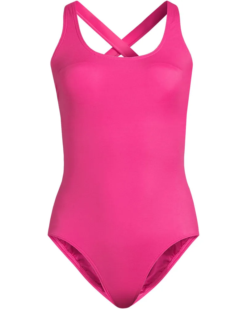 Lands' End Komfort-Badeanzug mit gekreuzten Trägern, hohes Bein, Damen, Größe regular, Pink, Nylon-Mischung, by Pink