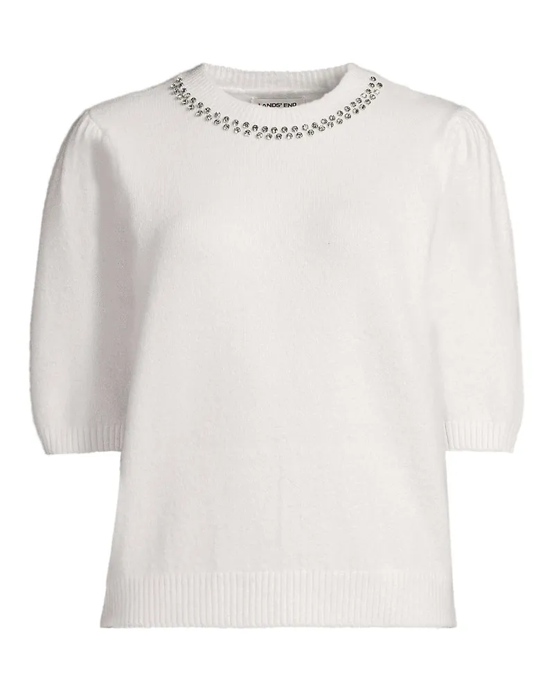Lands' End Kurzarm-Pullover Wool Touch mit Strassverzierung, Damen, Größe regular, Weiß, Wolle/Polyester/Viskose, by Weiß