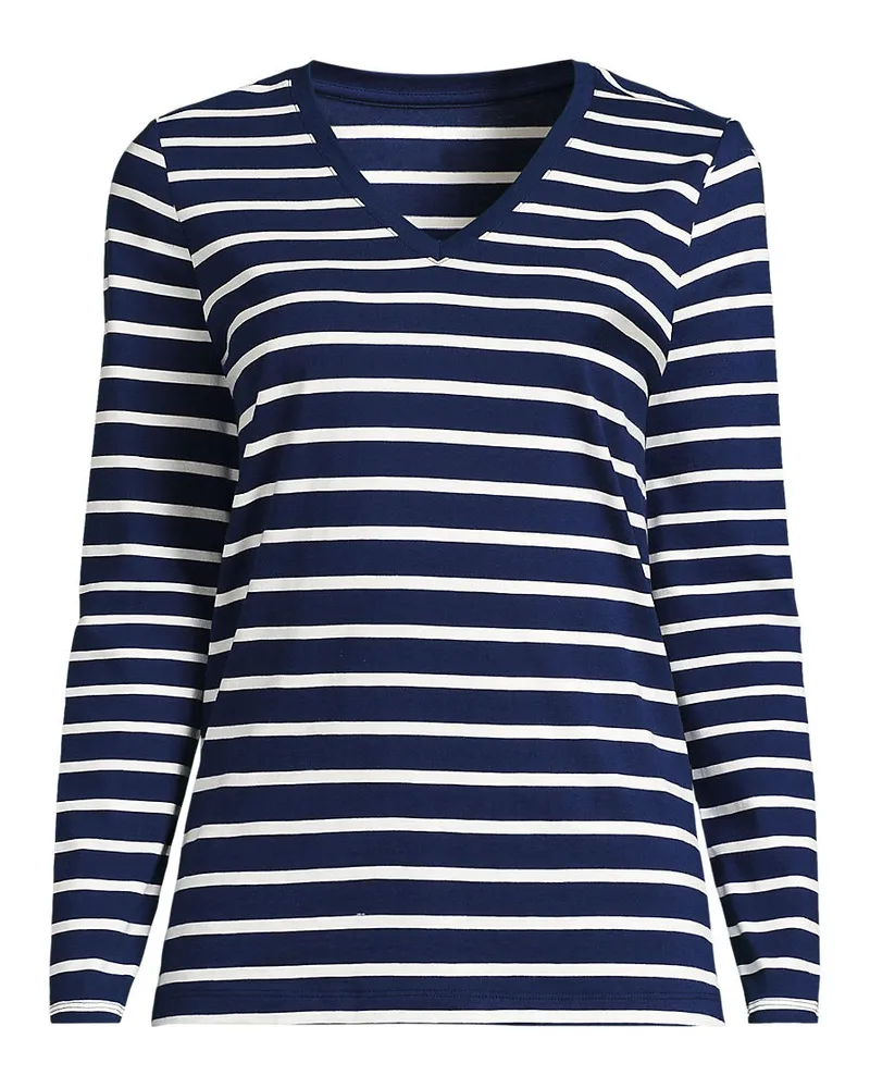 Lands' End Supima® Langarm-Shirt mit V-Ausschnitt, Damen, Größe petite, Blau, Baumwolle, by Blau