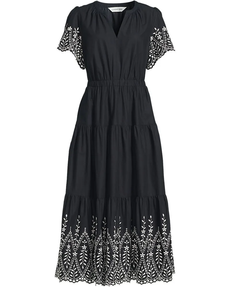 Lands' End Maxikleid aus Baumwolle mit Lochstickerei, Damen, Größe regular, Schwarz, Baumwolle, by Schwarz