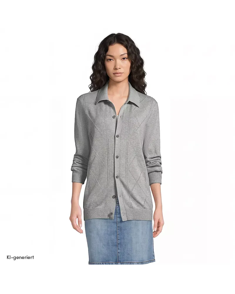 Lands' End Feinstrick-Cardigan aus reiner Baumwolle mit Argyle-Muster, Herren, Größe regular, Grau, Baumwolle, by Grau