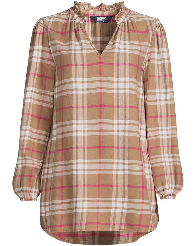 Lands' End Hemdbluse aus Flanell mit Rüschenkragen, Damen, Größe petite, Beige, Viskose/Baumwoll-Mischung/Viskose-Mischung, by Beige