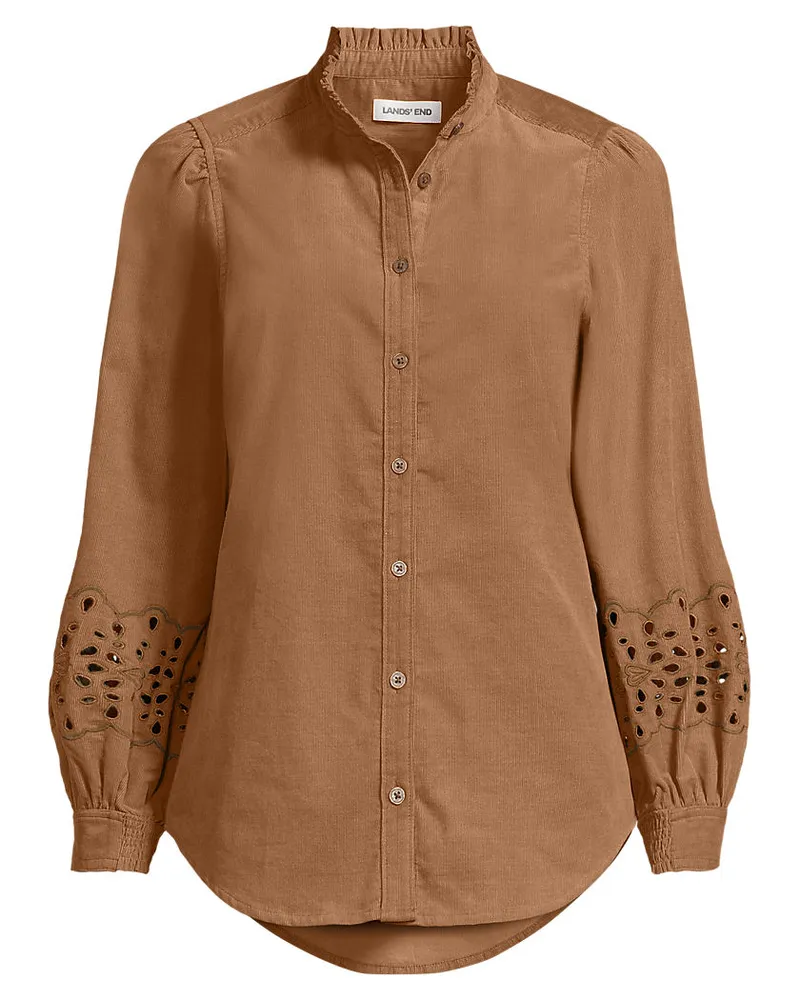 Lands' End Feincord-Hemdbluse mit Ajourdetails, Damen, Größe regular, Braun, Baumwolle, by Braun