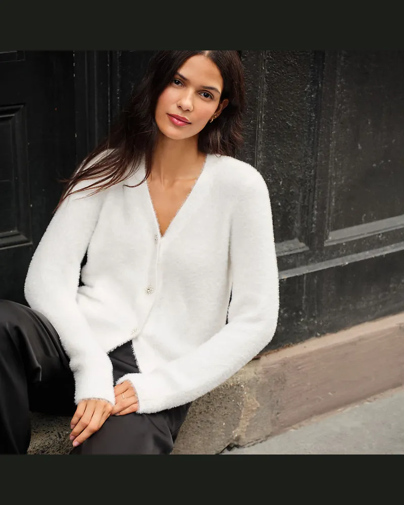 Lands' End Cardigan mit Strass-Knöpfen, Damen, Größe petite, Weiß, Viskose/Polyester-Mischung, by Weiß