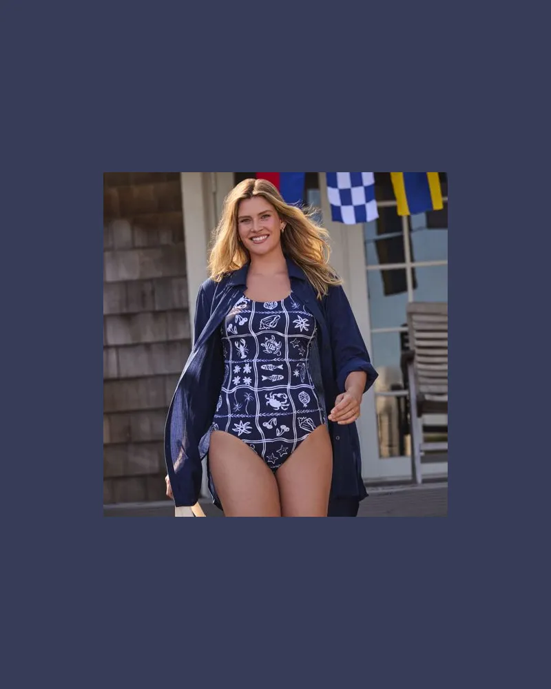 Lands' End Komfort-Badeanzug mit gekreuzten Trägern, hohes Bein, Damen, Größe regular, Blau, Nylon-Mischung, by Blau