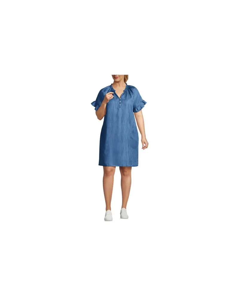 Lands' End Lyocell-Kleid mit kurzen Ärmeln und Rüschen, Damen, Größe plus, Blau, Kunstseide/Lyocell (Viskose), by Blau