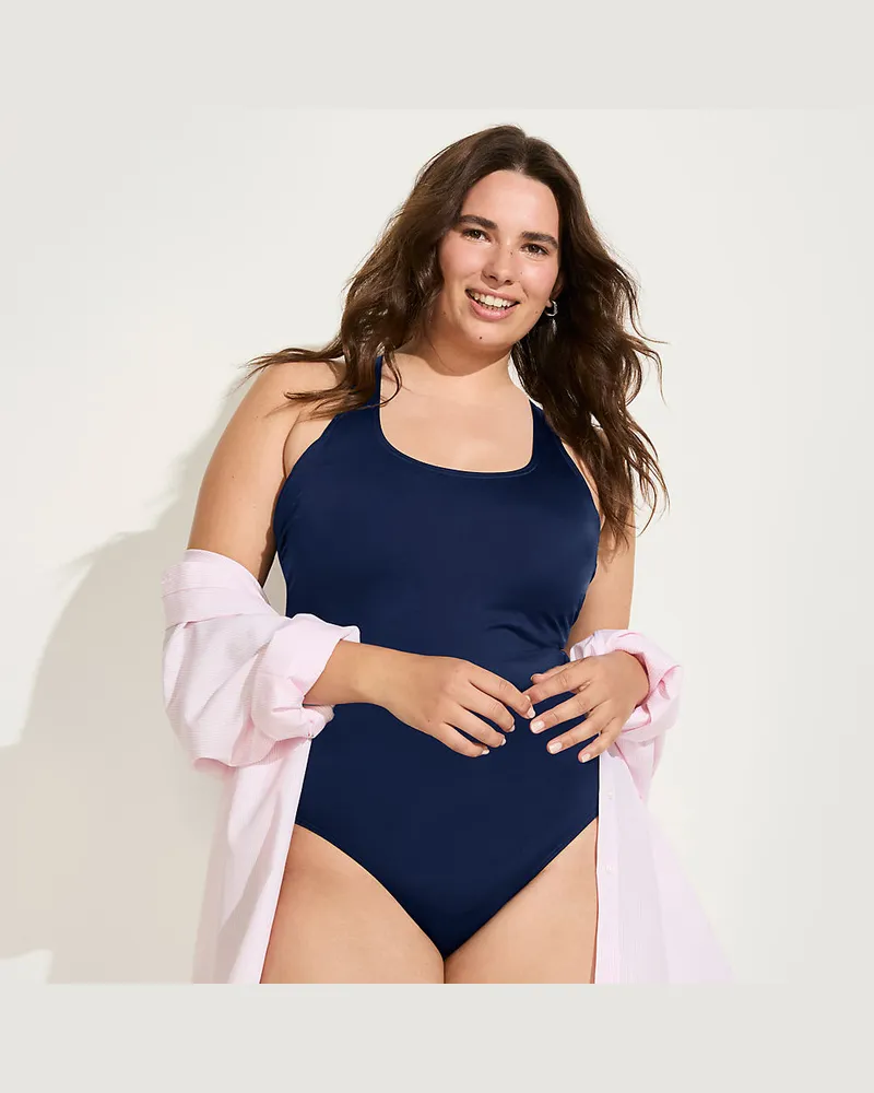Lands' End Komfort-Badeanzug mit gekreuzten Trägern, hohes Bein,, Damen, Größe plus, Blau, Nylon-Mischung, by Blau