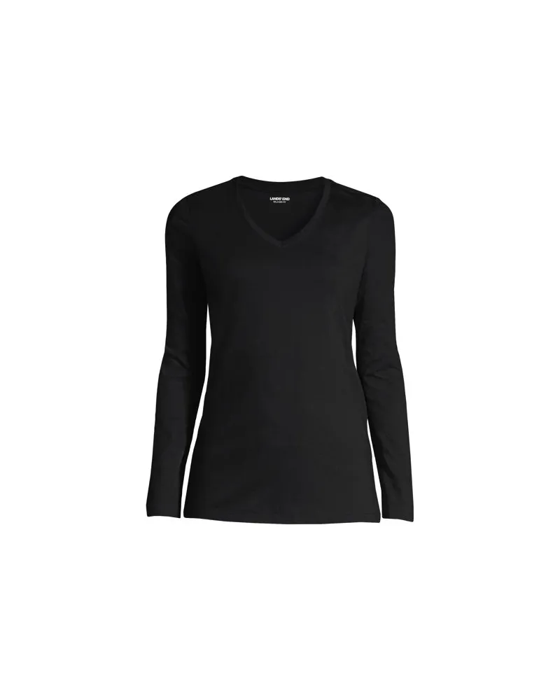 Lands' End Supima® Langarm-Shirt mit V-Ausschnitt, Damen, Größe:40-42 petite, Schwarz, Baumwolle, by Schwarz