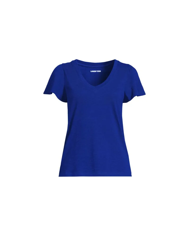 Lands' End Shirt mit kurzen Flatterärmeln und V-Ausschnitt, Damen, Größe plus, Blau, Baumwolle, by Blau