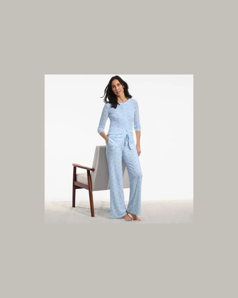 Lands' End Gemustertes Pyjama-Set, Damen, Größe regular, Blau, Polyester/Viskose/Polyester-Mischung, by Blau