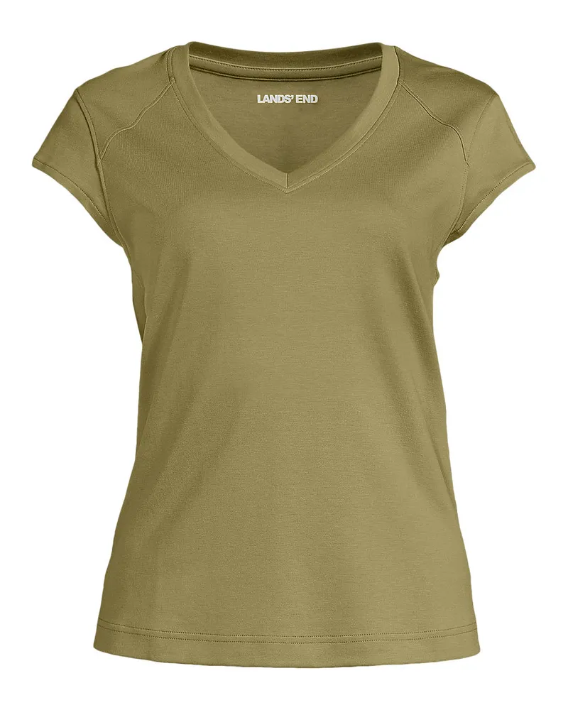 Lands' End Supima-Shirt mit V-Ausschnitt und Kappärmeln, Damen, Größe regular, Grün, Baumwolle, by Grün