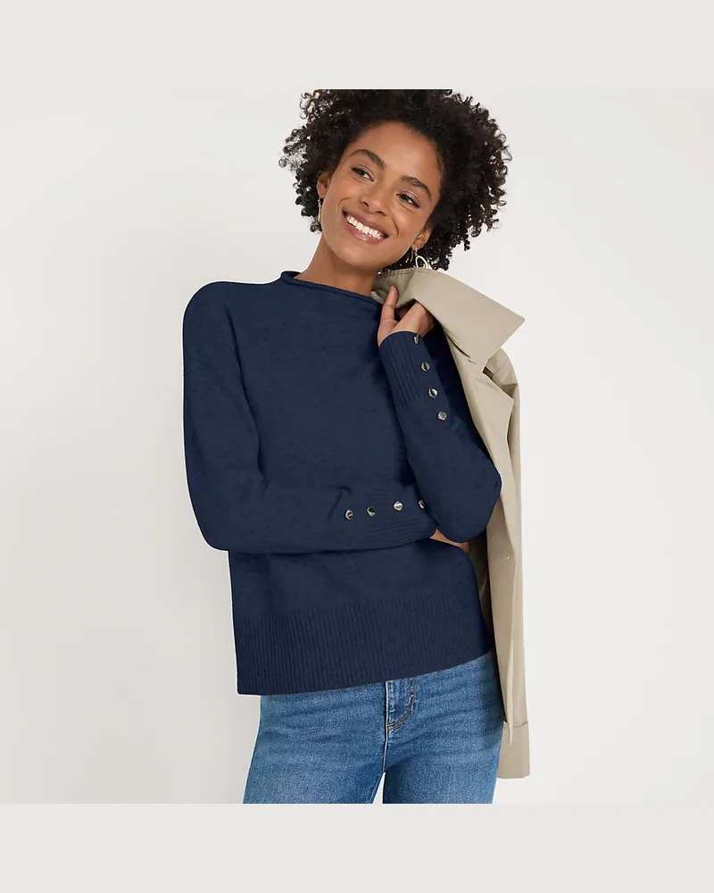 Lands' End Sot Touch Stehkragenpullover mit Ärmelknöpfen, Damen, Größe petite, Blau, Polyacryl/Woll-Mischung/Nylon-Mischung, by Blau