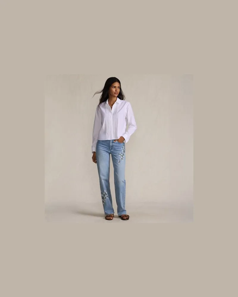 Lands' End Bestickte Soft Denim Relaxte Straight Fit Jeans Mid Waist, Damen, Größe regular, Blau, Elasthan/Baumwoll-Mischung, by Blau