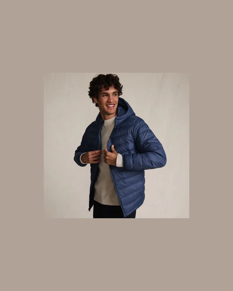 Lands' End Ultraleichte verstaubare Daunen-Kapuzenjacke WANDERWEIGHT, Herren, Größe:44-46 regular, Blau, Polyester/Nylon, by Blau