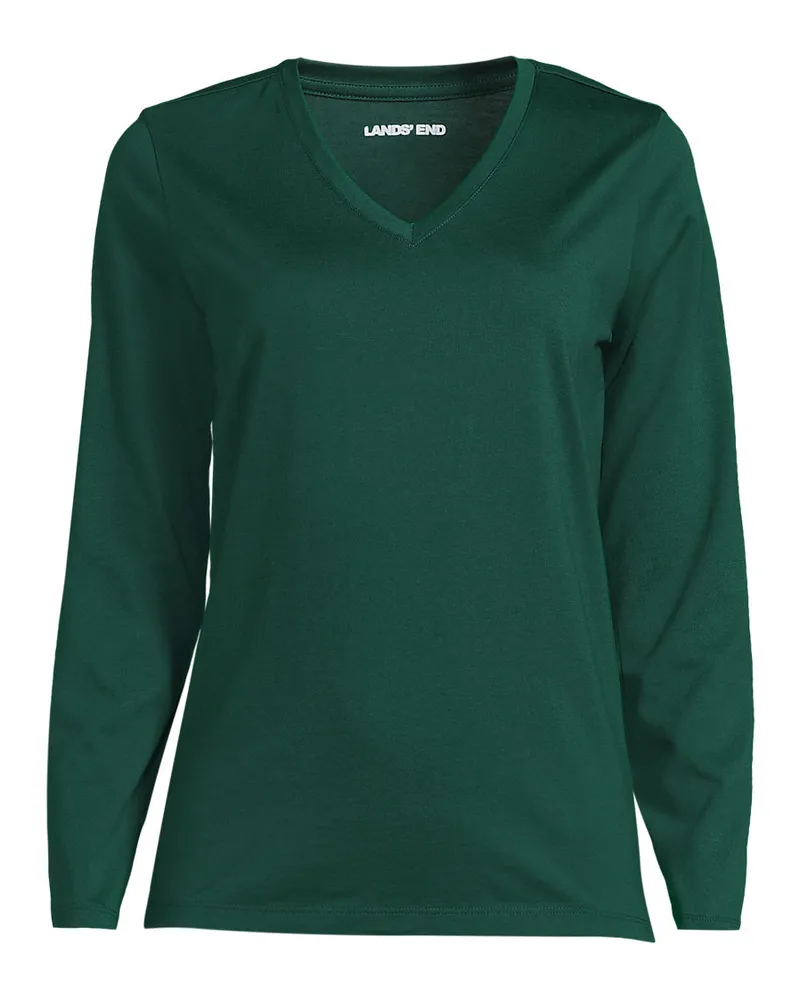 Lands' End Supima® Langarm-Shirt mit V-Ausschnitt, Damen, Größe petite, Grün, Baumwolle, by Grün