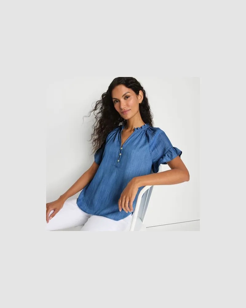 Lands' End Bluse aus TENCEL mit Rüschenkragen, Damen, Größe regular, Blau, Kunstseide/Lyocell (Viskose), by Blau