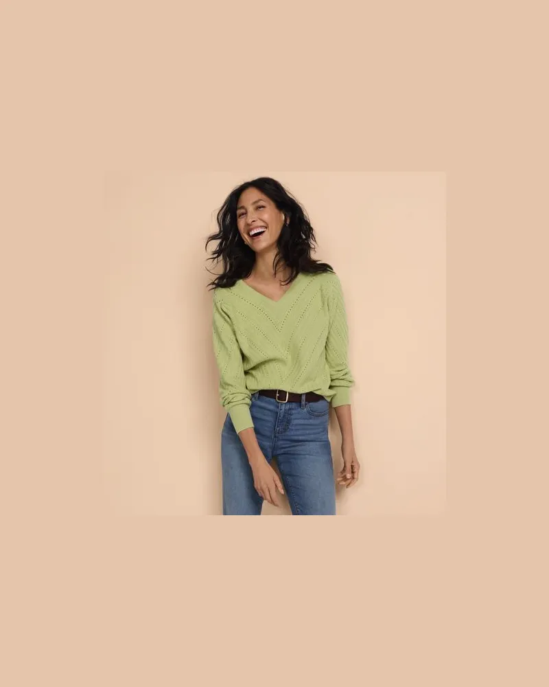 Lands' End Ajourpullover mit V-Ausschnitt, Damen, Größe regular, Grün, Baumwolle/Nylon/Baumwoll-Mischung, by Grün