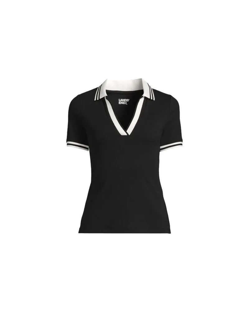 Lands' End Geripptes Polo-Shirt, Damen, Größe regular, Schwarz, Elasthan/Baumwoll-Mischung, by Schwarz