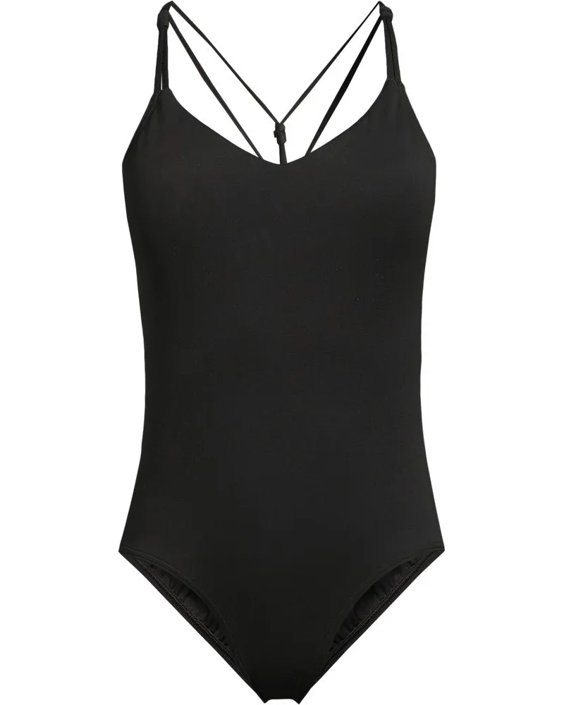 Lands' End Komfort-Badeanzug mit V-Ausschnitt und gekreuzten Trägern, Damen, Größe regular, Schwarz, Polyester-Mischung/Nylon-Mischung, by Schwarz