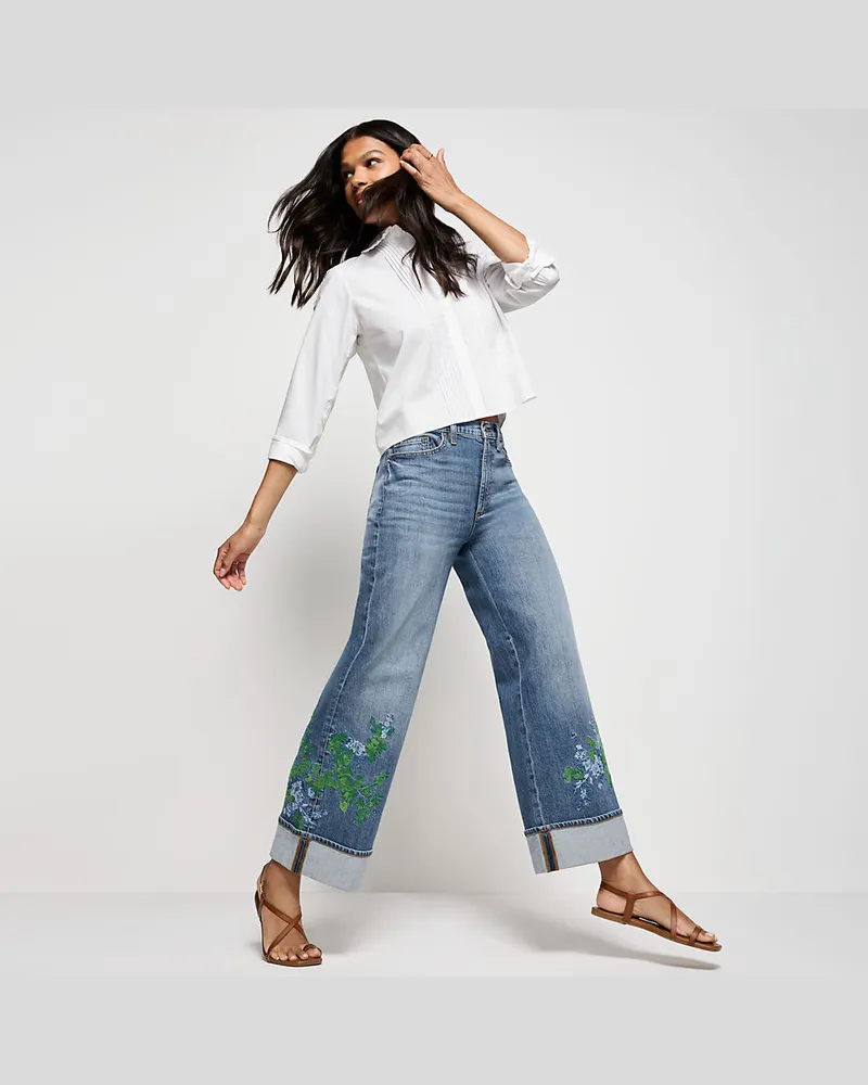 Lands' End Soft Denim Bestickte Jeans mit weitem Bein, Damen, Größe regular, Blau, Elasthan/Baumwoll-Mischung, by Blau
